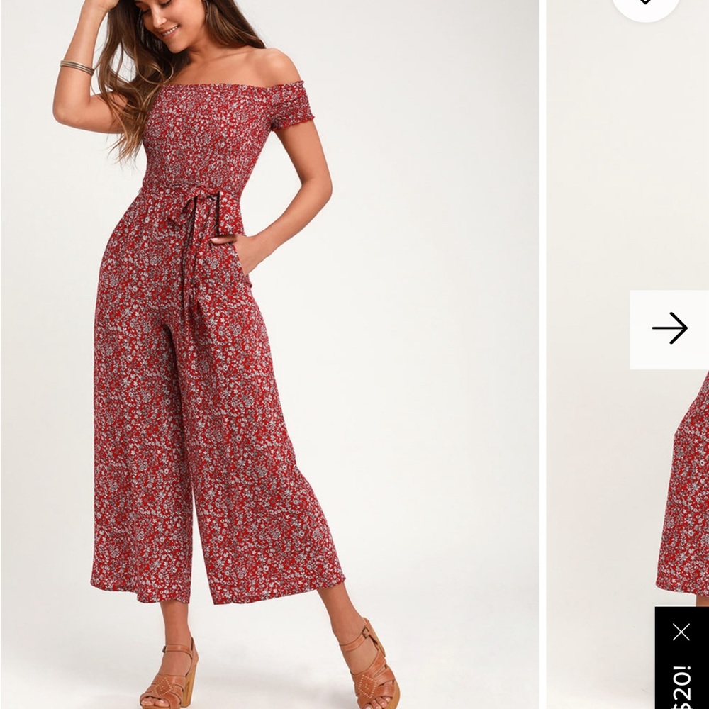 Lulus Behold Red Floral Print Off-the-Shoulder Jumpsuit